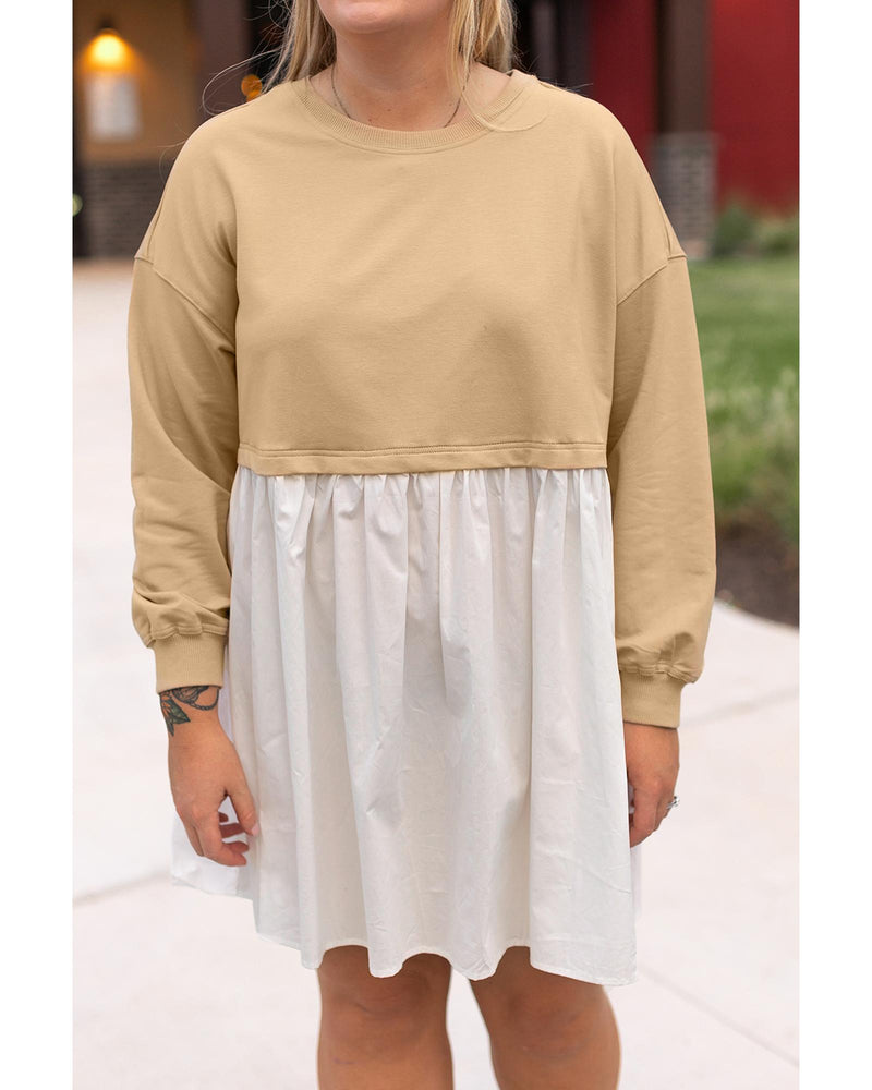 Apricot Color Block Patchwork Ruffled Plus Size Mini Dress - 3X