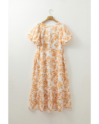 Apricot Floral Print Puff Short Sleeve Resort Plus Size Maxi Dress - 1X