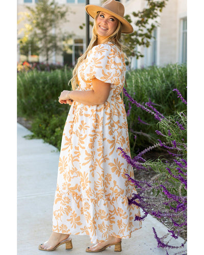 Apricot Floral Print Puff Short Sleeve Resort Plus Size Maxi Dress - 2X