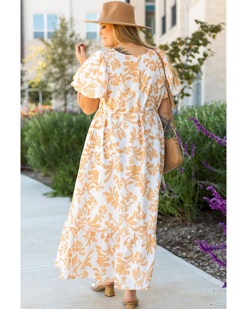 Apricot Floral Print Puff Short Sleeve Resort Plus Size Maxi Dress - 2X