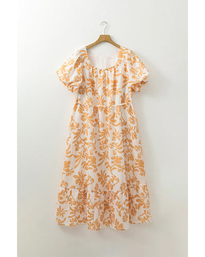 Apricot Floral Print Puff Short Sleeve Resort Plus Size Maxi Dress - 2X