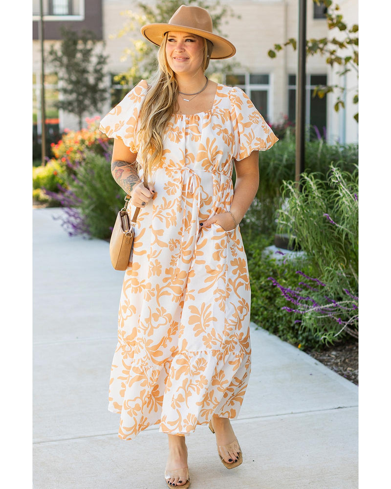 Apricot Floral Print Puff Short Sleeve Resort Plus Size Maxi Dress - 3X