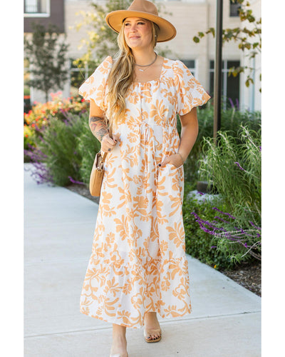 Apricot Floral Print Puff Short Sleeve Resort Plus Size Maxi Dress - 3X