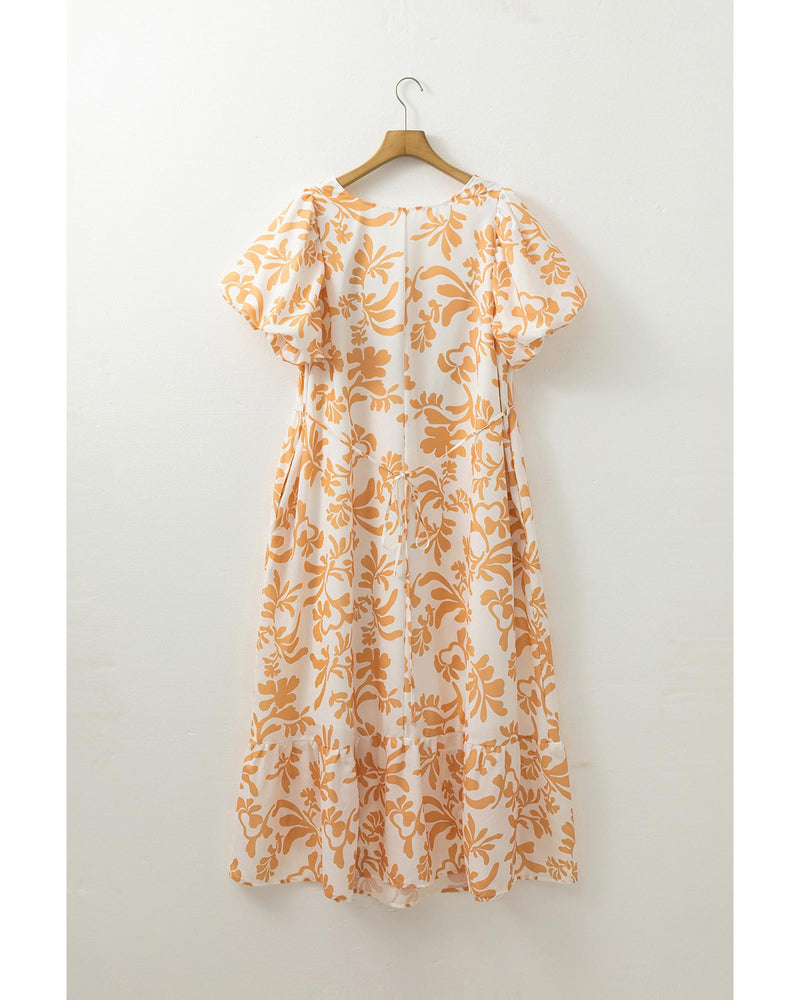 Apricot Floral Print Puff Short Sleeve Resort Plus Size Maxi Dress - 3X