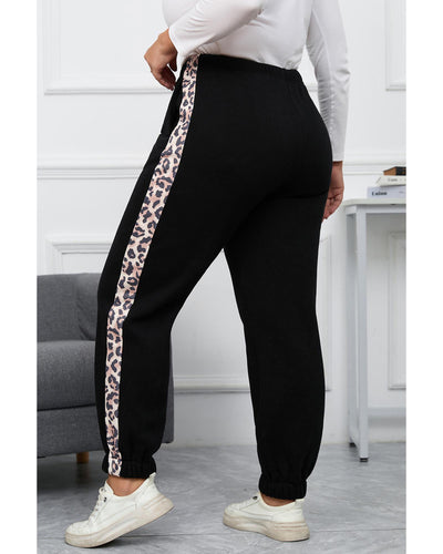 Azura Exchange Black Plus Size Contrast Leopard Side Panel Joggers - 1X