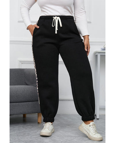 Azura Exchange Black Plus Size Contrast Leopard Side Panel Joggers - 1X