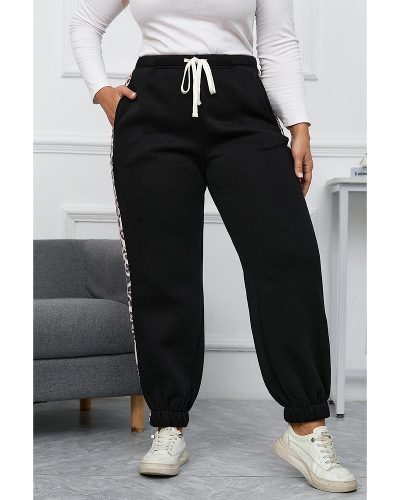 Azura Exchange Black Plus Size Contrast Leopard Side Panel Joggers - 1X