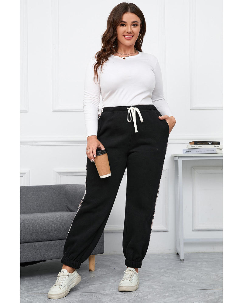 Azura Exchange Black Plus Size Contrast Leopard Side Panel Joggers - 1X