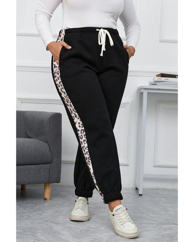 Azura Exchange Black Plus Size Contrast Leopard Side Panel Joggers - 2X