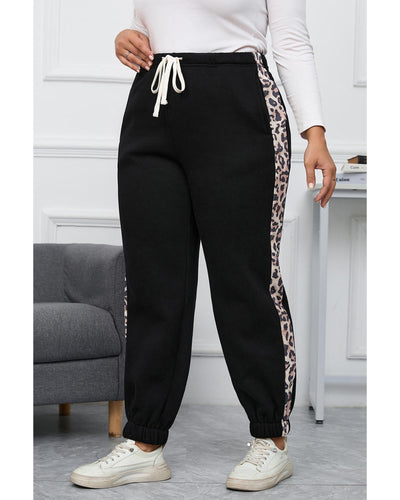 Azura Exchange Black Plus Size Contrast Leopard Side Panel Joggers - 2X