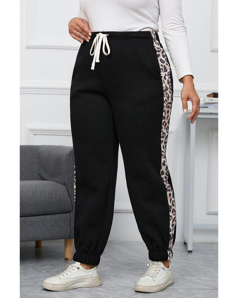 Azura Exchange Black Plus Size Contrast Leopard Side Panel Joggers - 2X