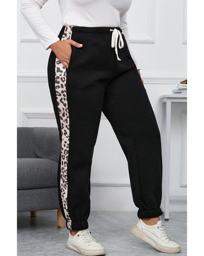 Azura Exchange Black Plus Size Contrast Leopard Side Panel Joggers - 2X