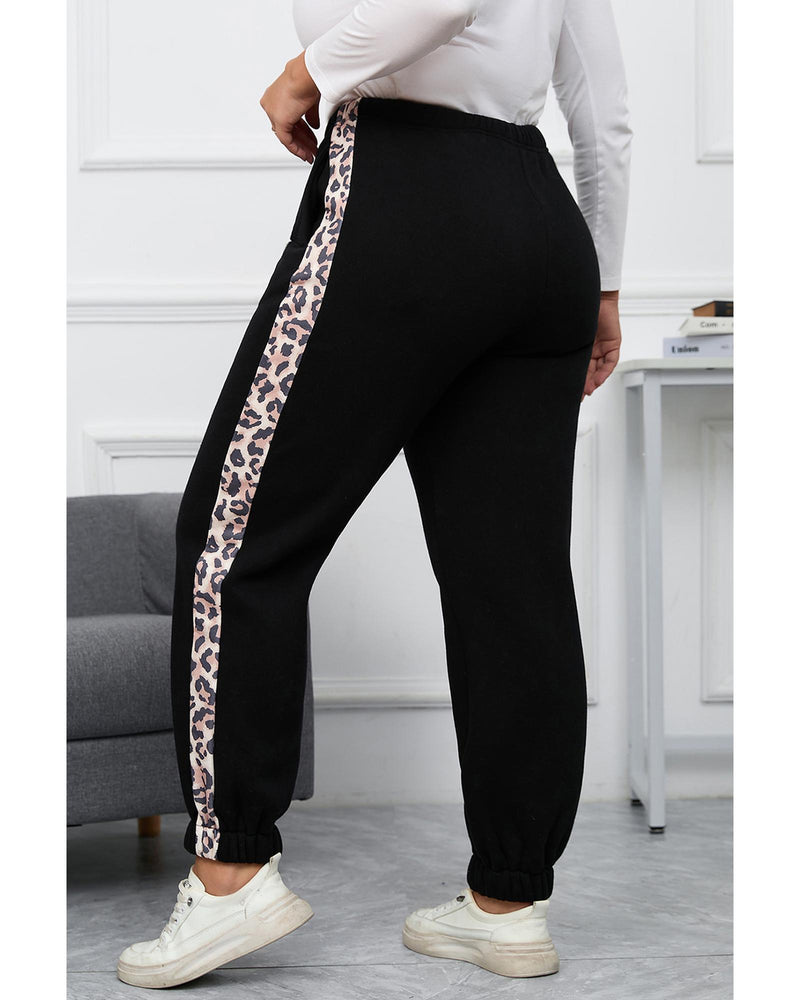 Azura Exchange Black Plus Size Contrast Leopard Side Panel Joggers - 3X