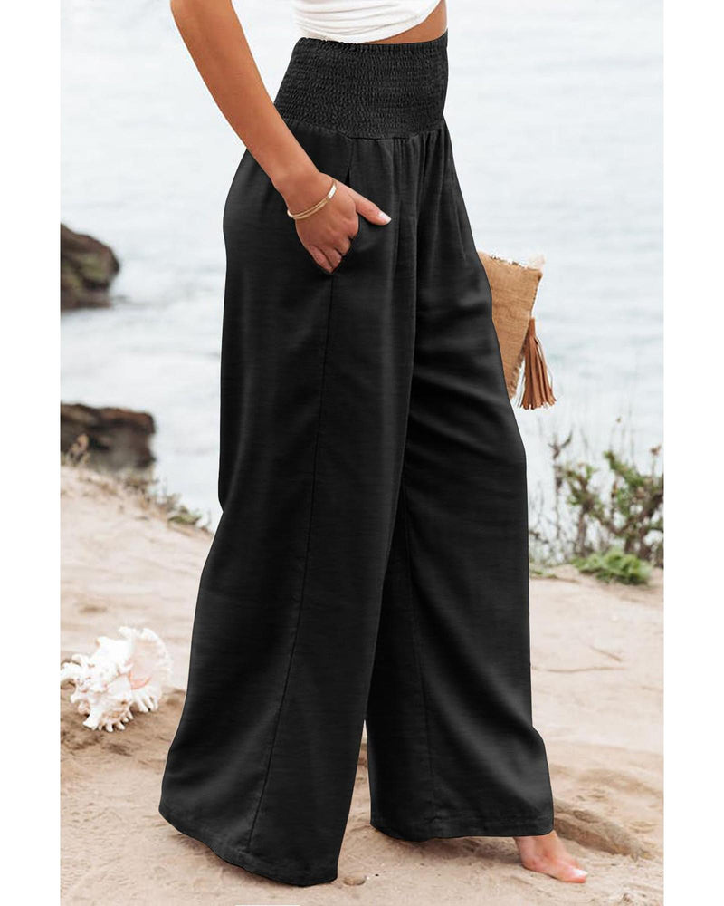 Azura Exchange Black Shirred High Waist Plus Size Wide Leg Pants - 1X
