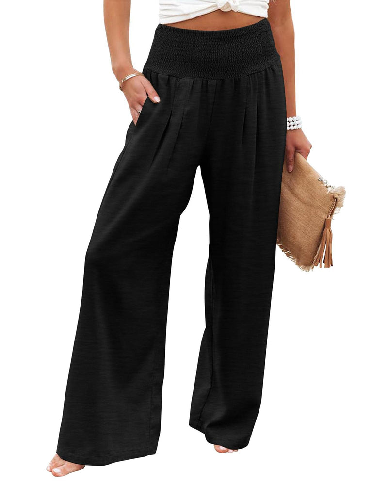 Azura Exchange Black Shirred High Waist Plus Size Wide Leg Pants - 2X