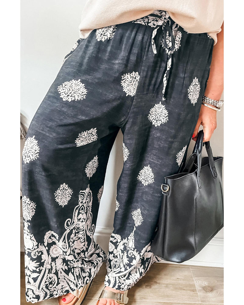 Azura Exchange Black Plus Size Geometric Ethnic Print Drawstring Wide Leg Pants - 1X