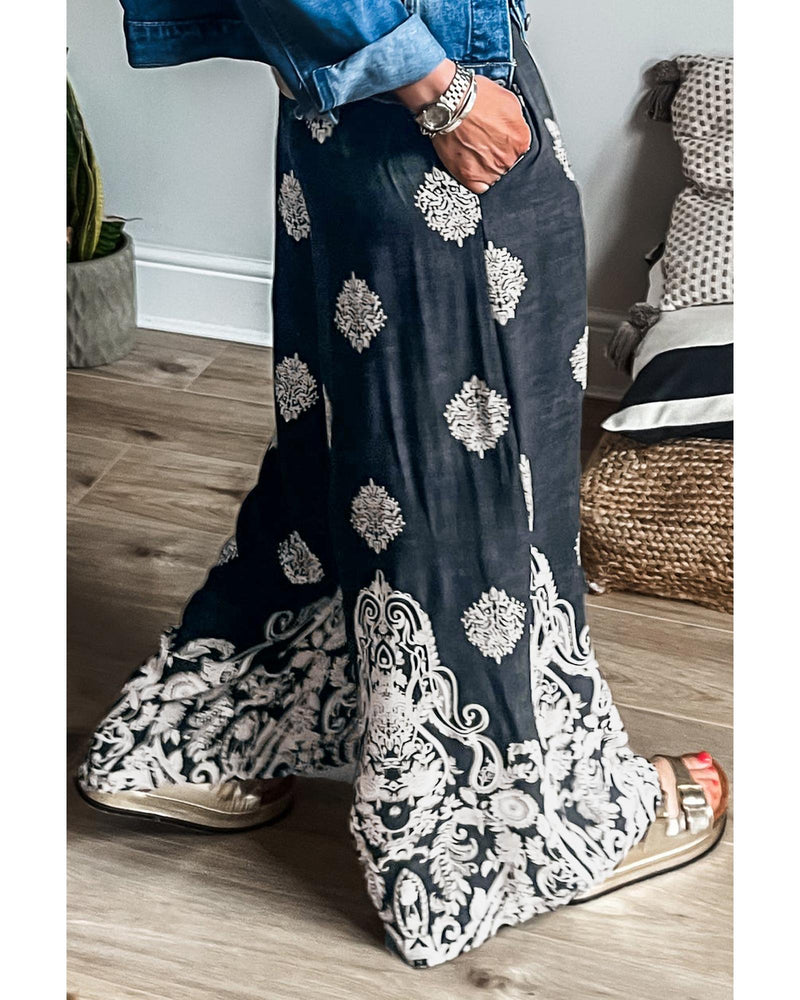 Azura Exchange Black Plus Size Geometric Ethnic Print Drawstring Wide Leg Pants - 1X