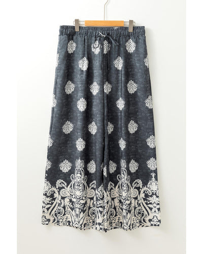 Azura Exchange Black Plus Size Geometric Ethnic Print Drawstring Wide Leg Pants - 1X