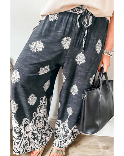 Azura Exchange Black Plus Size Geometric Ethnic Print Drawstring Wide Leg Pants - 4X