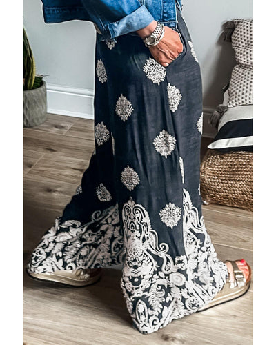 Azura Exchange Black Plus Size Geometric Ethnic Print Drawstring Wide Leg Pants - 4X