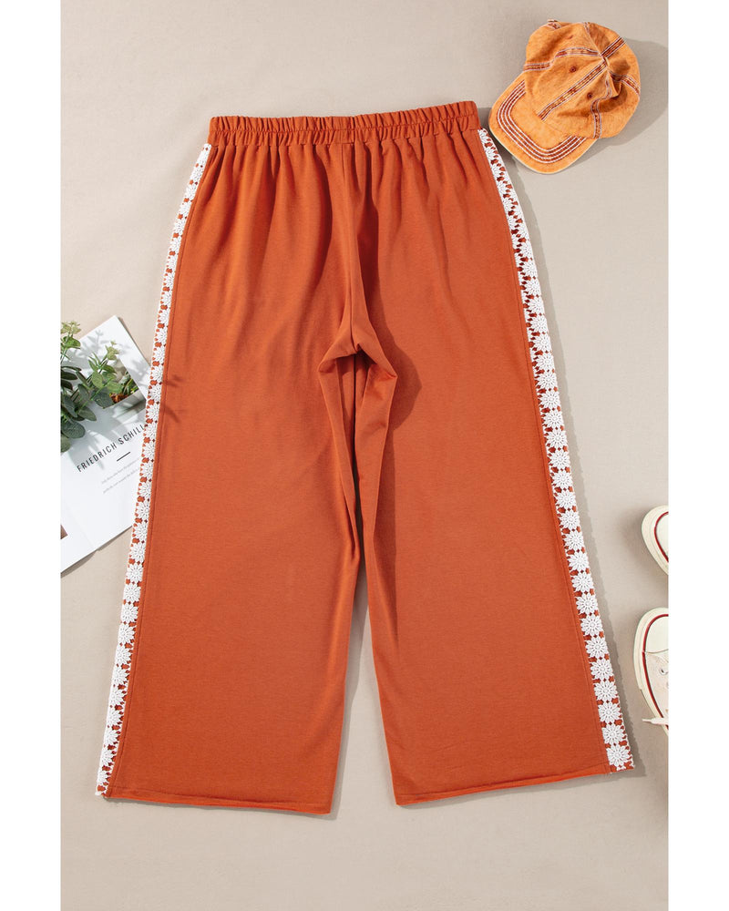 Azura Exchange Gold Flame Plus Size Floral Crochet Patch Drawstring Wide Leg Pants - 1X