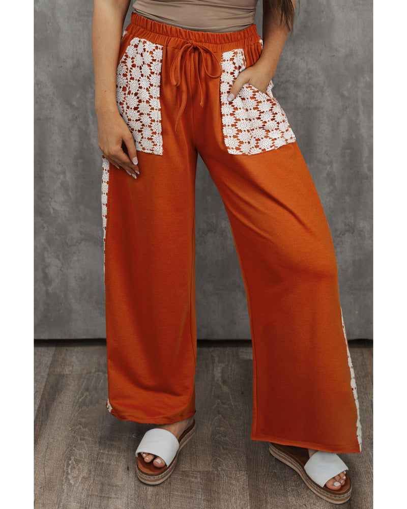 Azura Exchange Gold Flame Plus Size Floral Crochet Patch Drawstring Wide Leg Pants - 1X