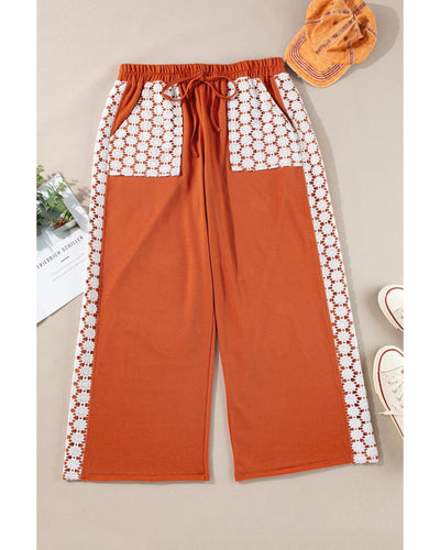 Azura Exchange Gold Flame Plus Size Floral Crochet Patch Drawstring Wide Leg Pants - 2X