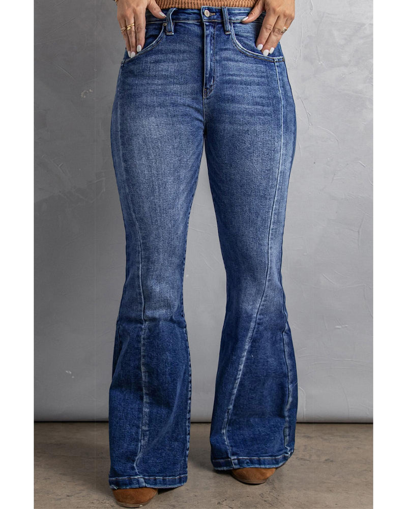 Azura Exchange Dark Blue Plus Size Stitching Washed Flare Jeans - 2X