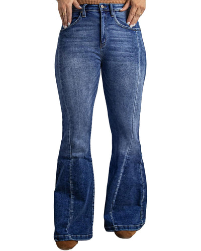 Azura Exchange Dark Blue Plus Size Stitching Washed Flare Jeans - 2X