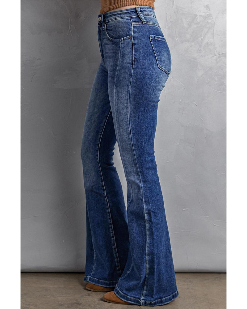 Azura Exchange Dark Blue Plus Size Stitching Washed Flare Jeans - 2X