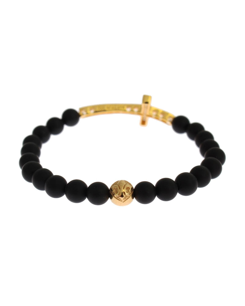 Authentic NIALAYA Bracelet with Matte Onyx Beads and CZ Diamond Cross XS Women