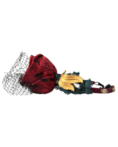 Dolce & Gabbana Women's Red with multicolor Rose Silk Crystal Netted Logo Diadem Headband - One Size