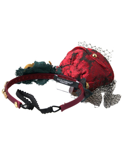 Dolce & Gabbana Women's Red with multicolor Rose Silk Crystal Netted Logo Diadem Headband - One Size