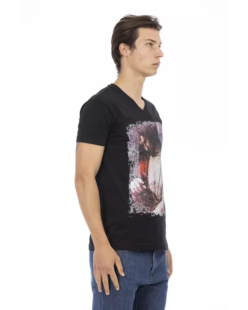 V-neck Short Sleeve T-shirt with Front Print L Men