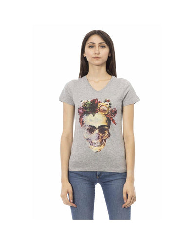 Trussardi Action Women's Elegant Gray V-Neck Tee with Front Print - S
