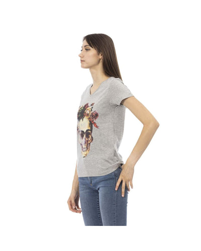 Trussardi Action Women's Elegant Gray V-Neck Tee with Front Print - XS