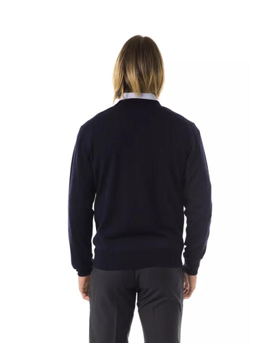 Embroidered V-neck Sweater in Extrafine Merino Wool S Men