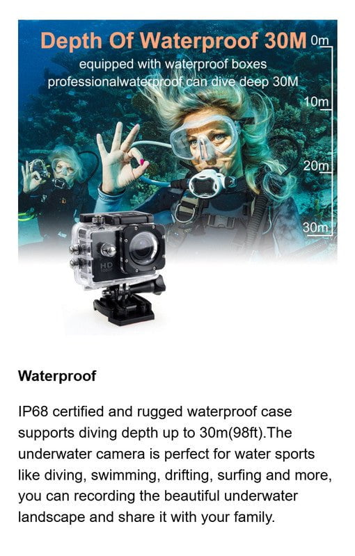 Action Camera 4K HD 16MP WiFi Waterproof 30M Sports Camera With 140° Wide Angle BLACK COLOUR