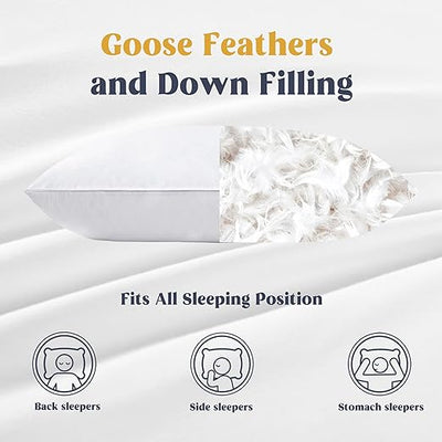 Puredown Goose Down and Feather Pillow Inserts for Sleeping, 100% Cotton Fabric Cover Bed Pillows, Set of 2, White, Queen Size