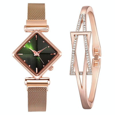 Rose Gold Diamond Dial Watch with Green Bracelet - Women