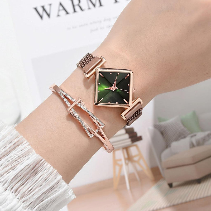 Rose Gold Diamond Dial Watch with Green Bracelet - Women