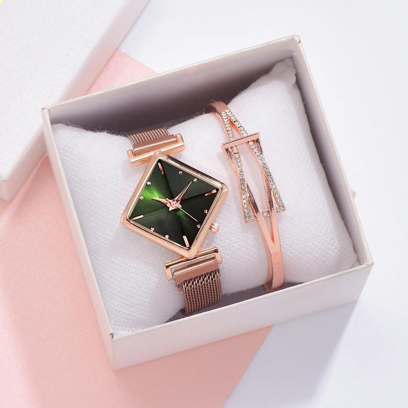 Rose Gold Diamond Dial Watch with Green Bracelet - Women