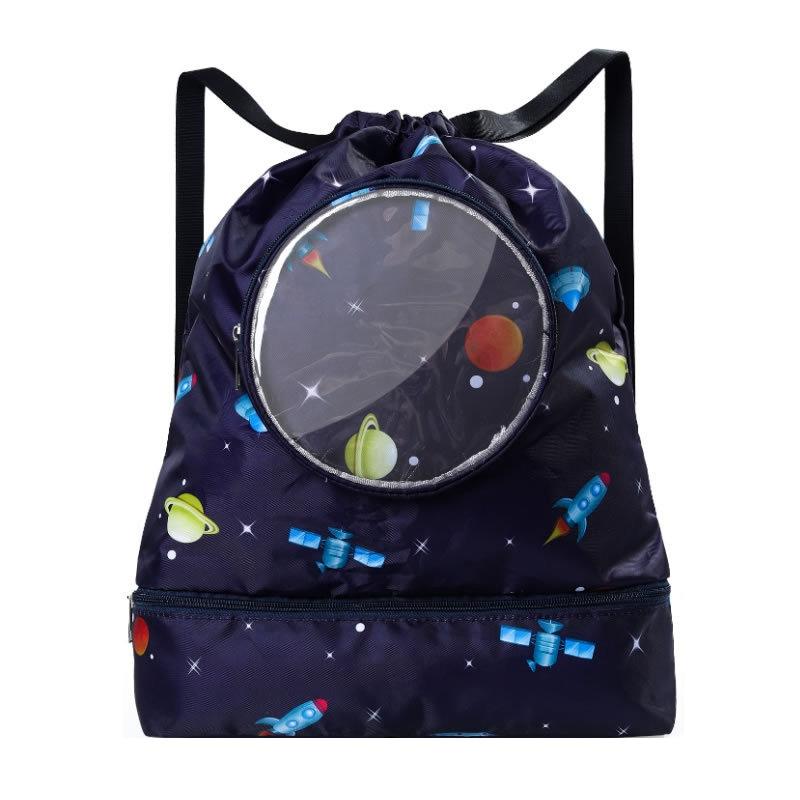 Blue Waterproof Drawstring Beach Bag L Size For Kids Wet & Dry Separation Shoulder Strap - Grey L