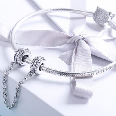 925 Sterling Silver Simple Diamond Beaded Bracelet Safety Chain