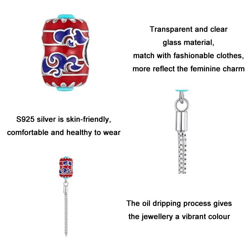 925 Sterling Silver Red Lantern Bracelet With Auspicious Clouds Bead