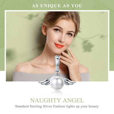 925 Sterling Silver Angel Wing Pendant With Shell Bead Charm For Diy Bracelets Style - Pendent
