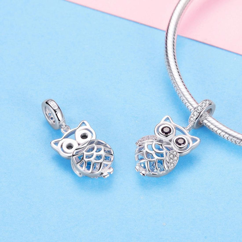 925 Sterling Silver Blue Zircon Owl Pendant For Diy Bracelets Movable Style - Pendant