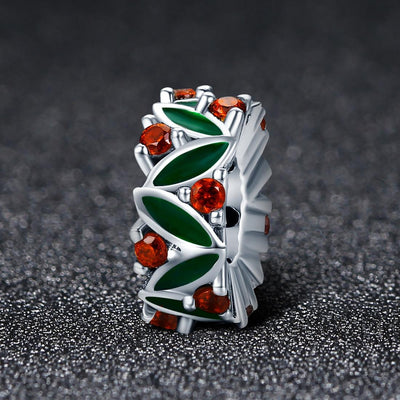 925 Sterling Silver Christmas Leaves Red Gemstone Inlay Accessory