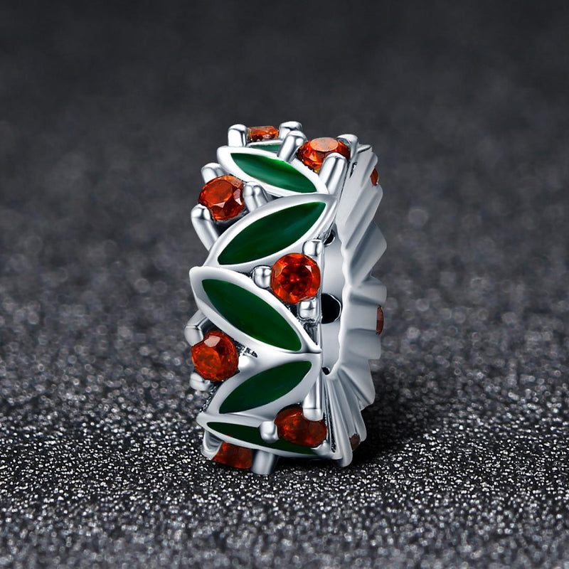 925 Sterling Silver Christmas Leaves Red Gemstone Inlay Accessory