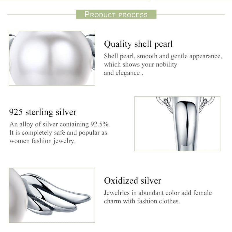 925 Sterling Silver Angel Wing Pendant With Shell Bead Charm For Diy Bracelets Style - Pendent + Necklace